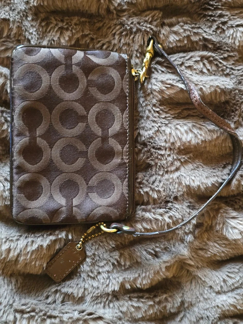 Coach Signature C Jacquard Wristlet Brown Leather Vintage Y2K